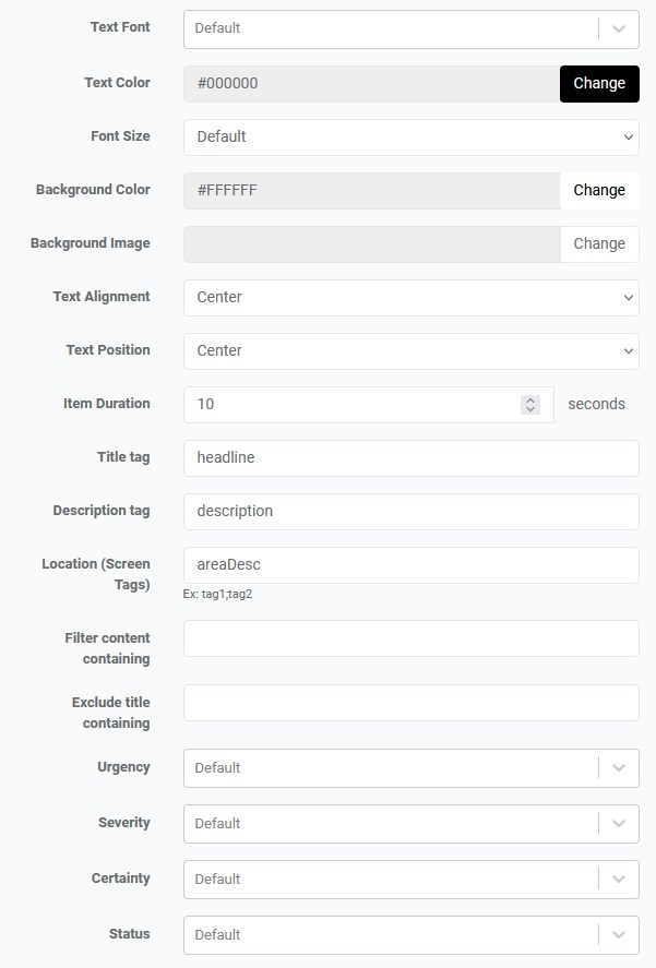 Erweiterte Einstellungen der CAP Alert App im OptiSigns Webbrowser