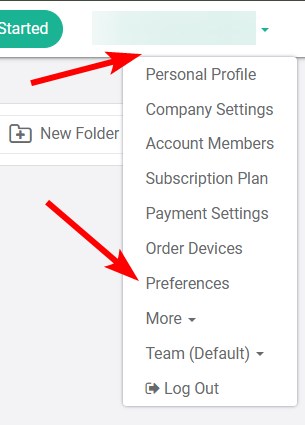 preference setting in account drop down menu
