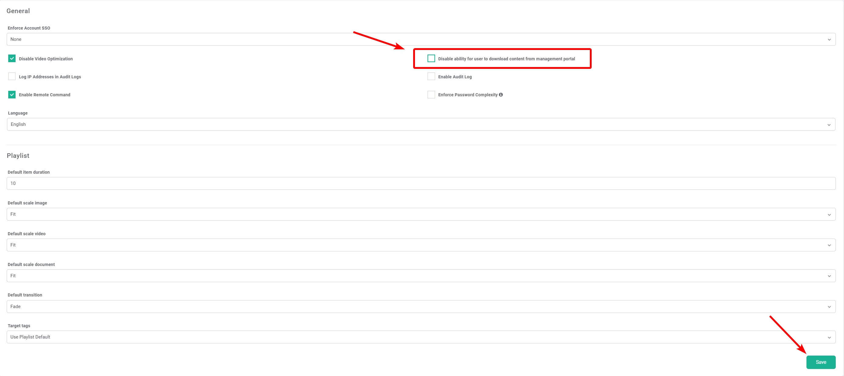 disable download button in preference settings page and save button