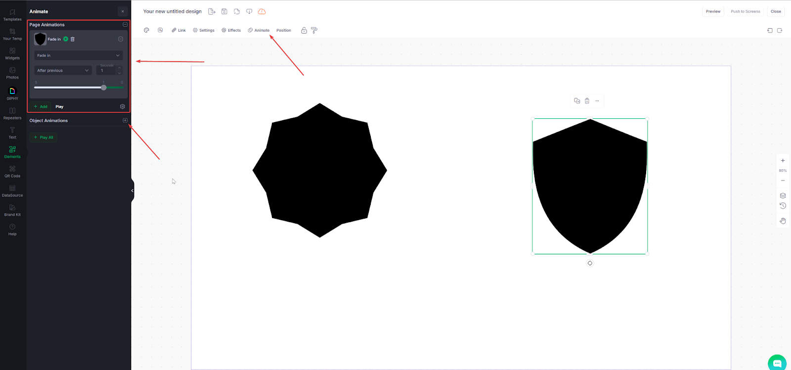 Designer screenshot with two black shapes in the design, arrows show how to use animation