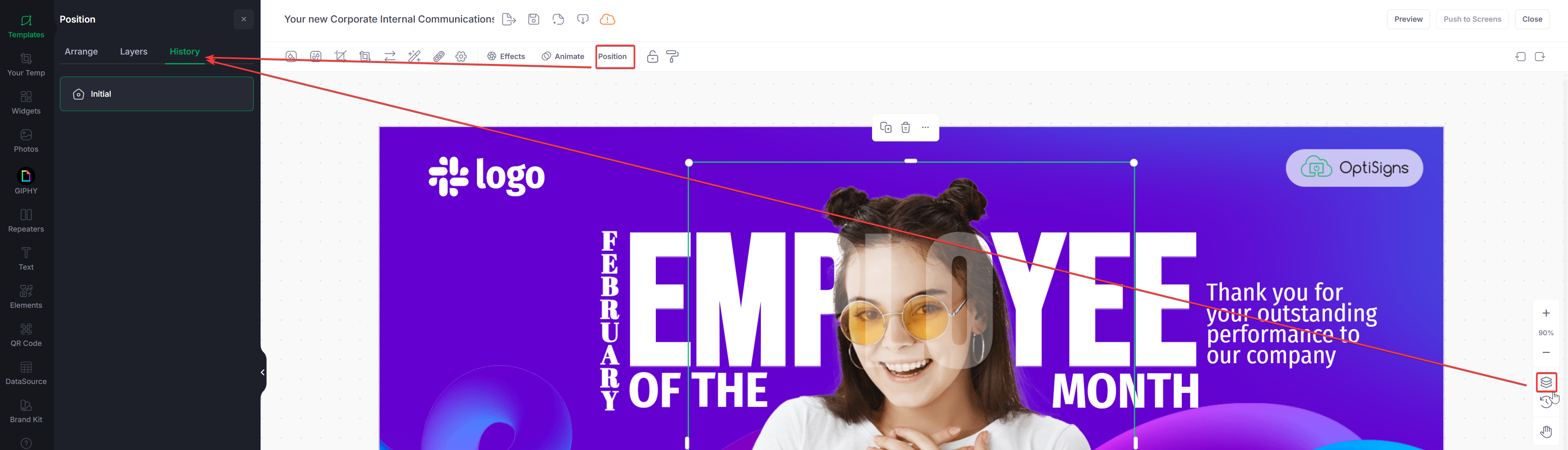 Designer screenshot of purple design with a girl and white letters, arrows show how to use History function