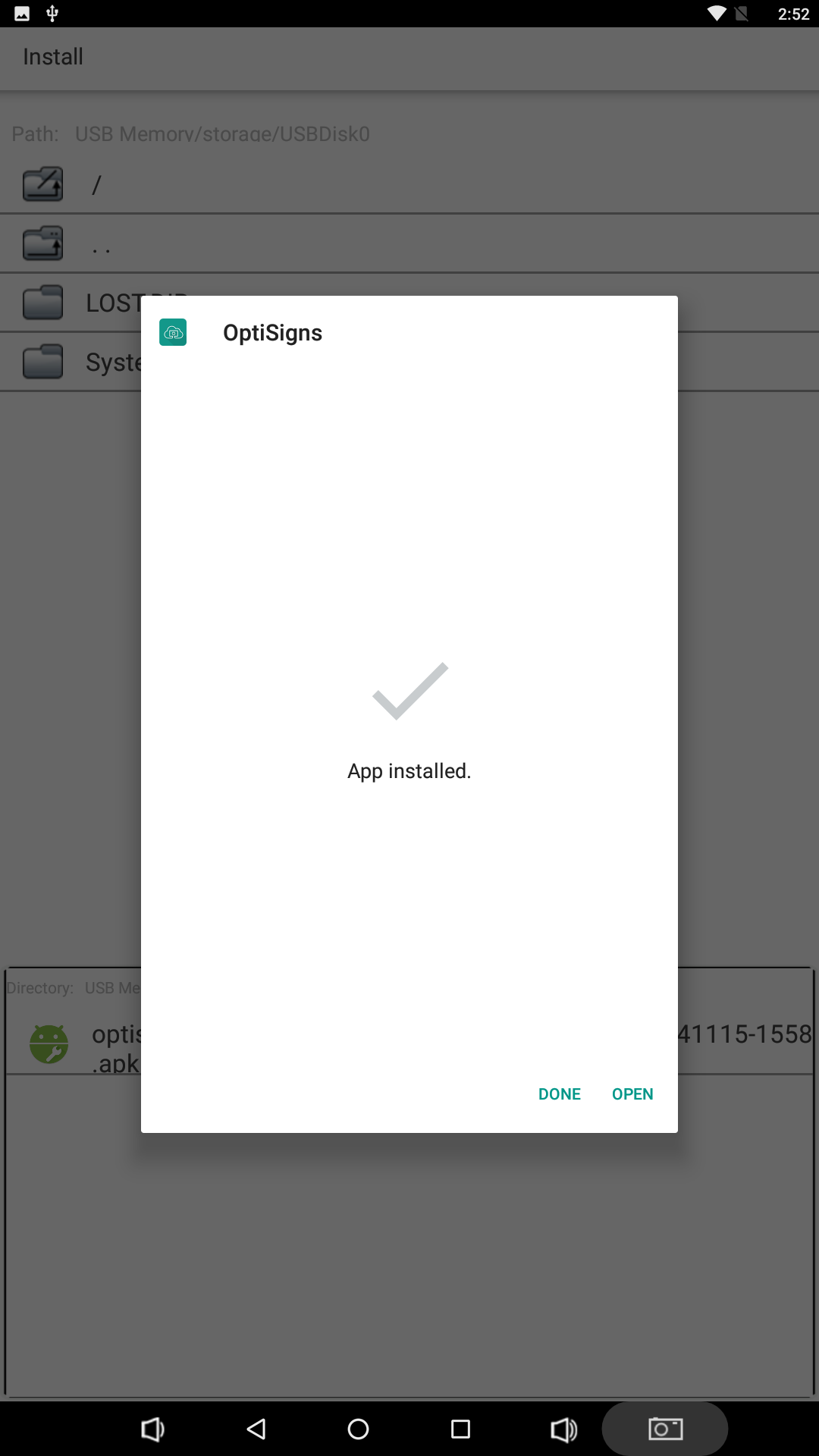 optisigns app successful install