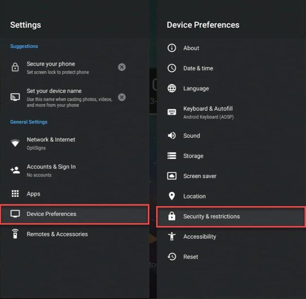 android device preferences security & restrictions