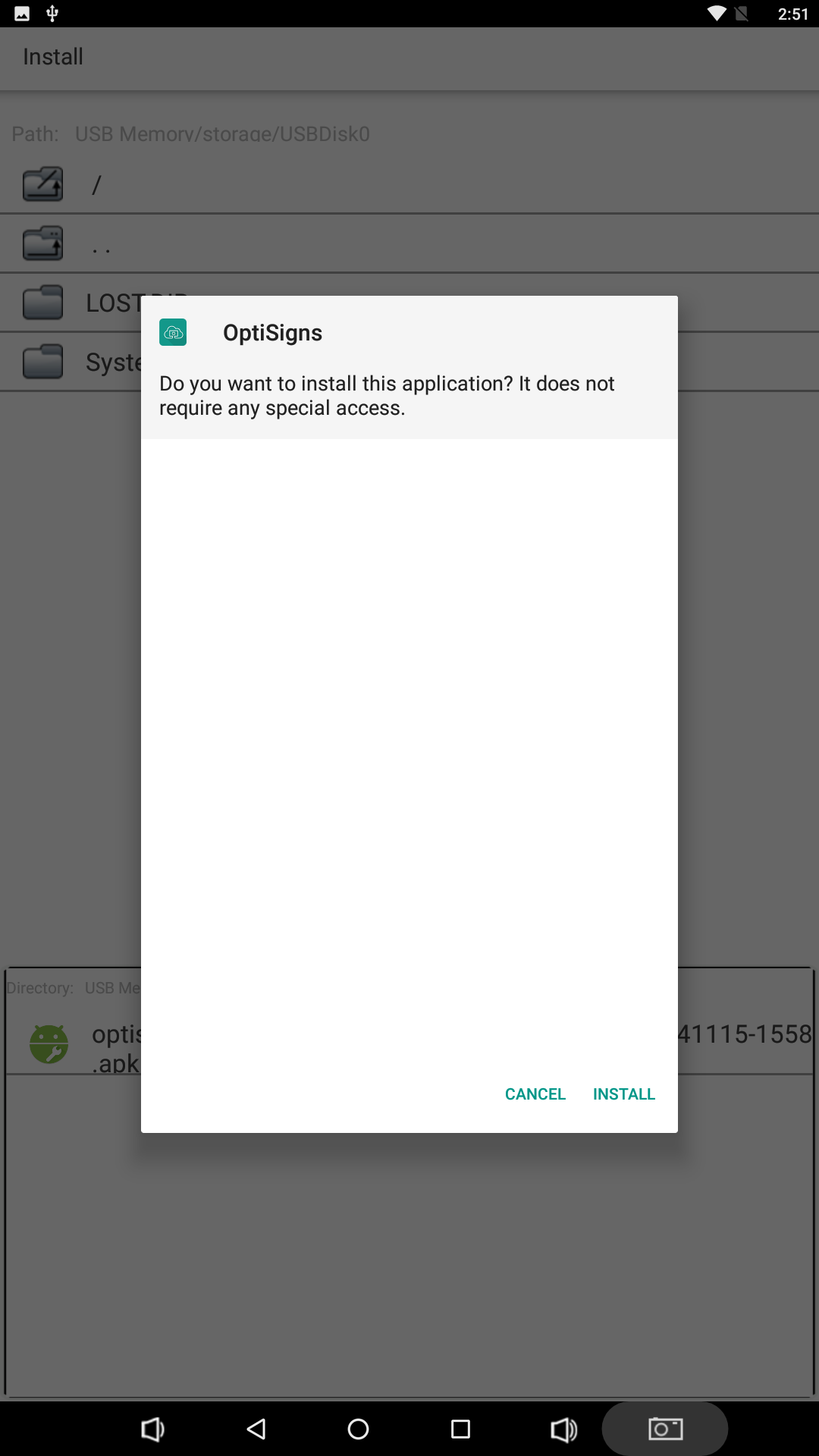 optisigns app install confirmation