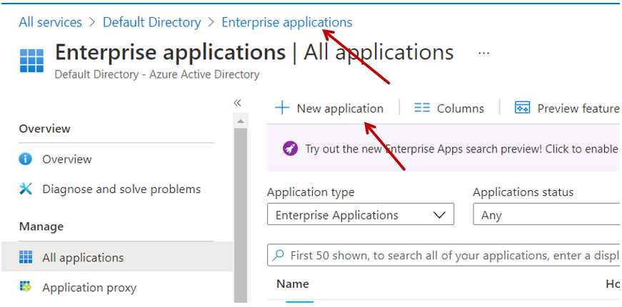creating new enterprise application ms azure
