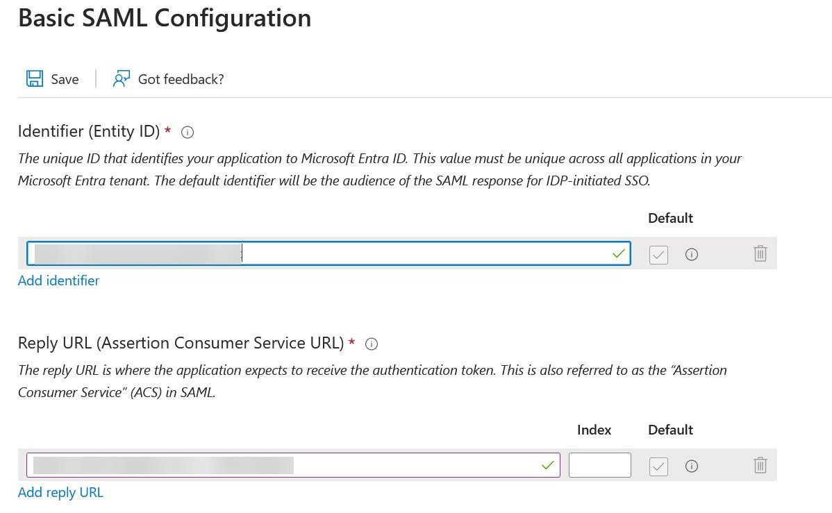 identifier and reply URL saml config ms azure