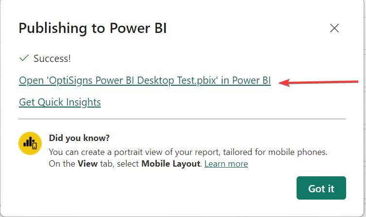publishing to power bi