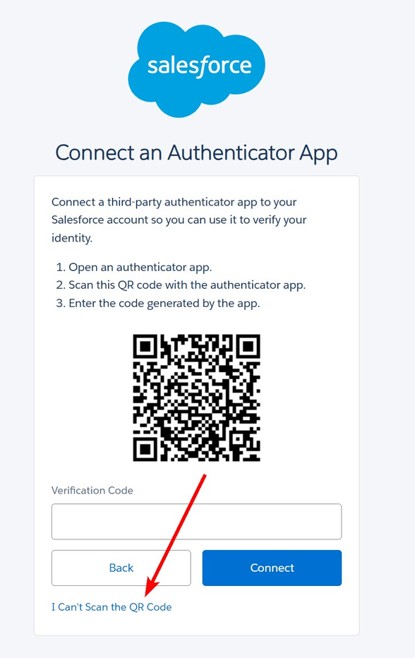 Salesforce setting up authenticator app. Select 'I can't scan the QR code'