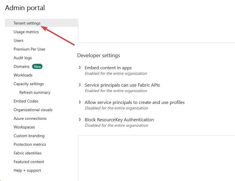 finding developer settings in tenant settings within powerbi admin portal