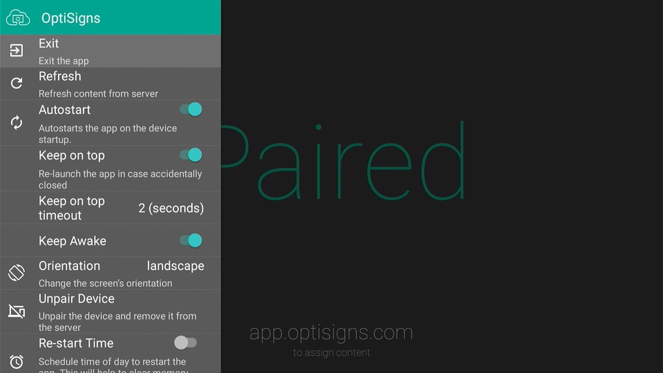 optisigns android stick side menu 1