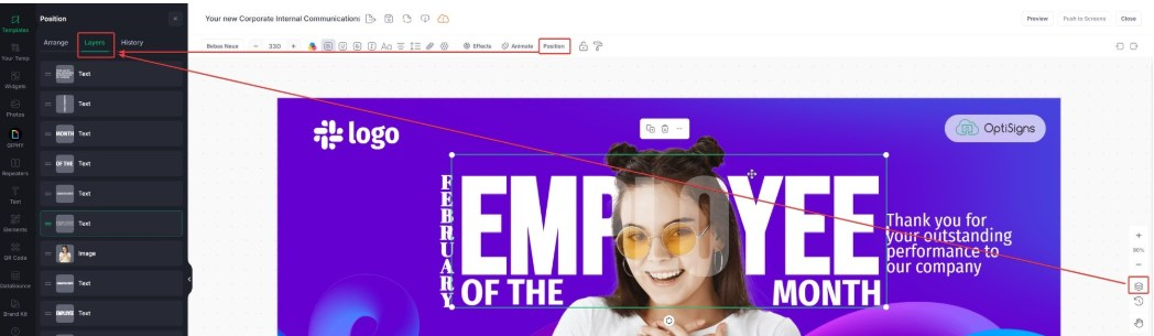 Captura de pantalla del Designer de diseño púrpura con una niña y letras blancas, las flechas muestran cómo usar Capas