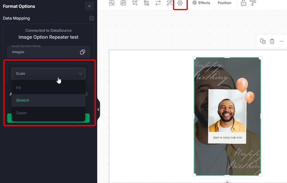 Captura de pantalla del Designer mostrando una imagen y flechas que muestran cómo cambiar el tamaño de la imagen