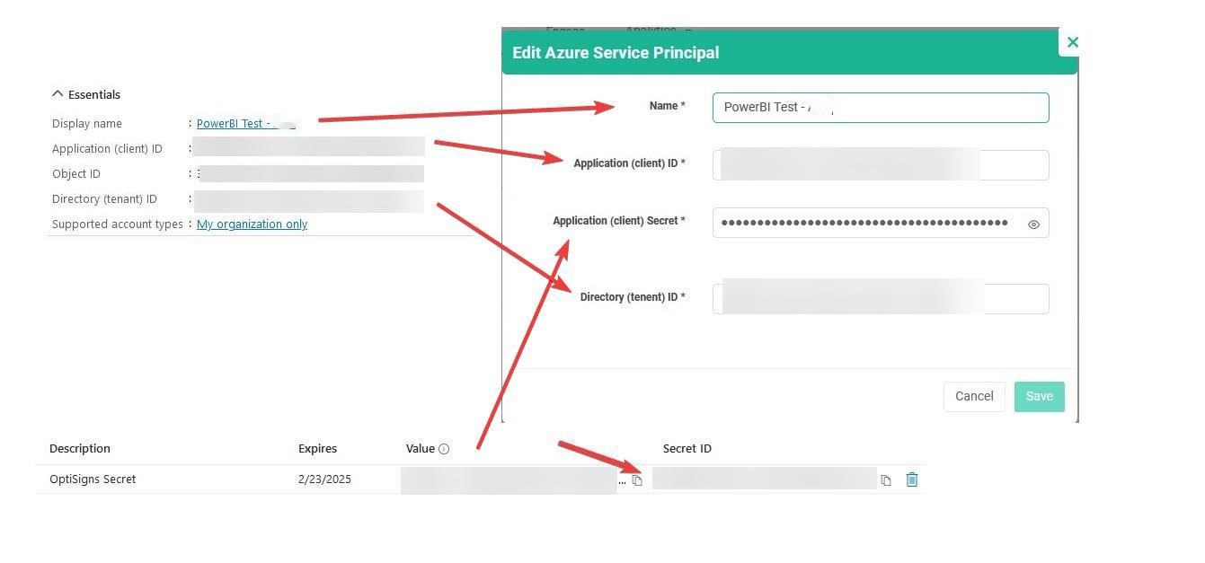 inputting all the powerbi service principal information into optisigns