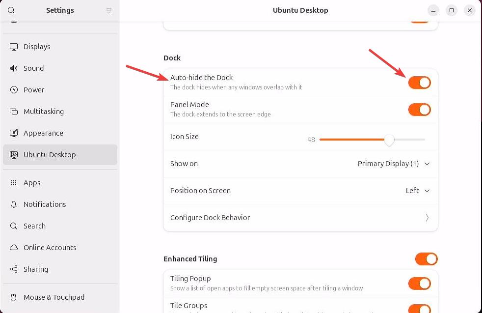 linux settings auto hide dock