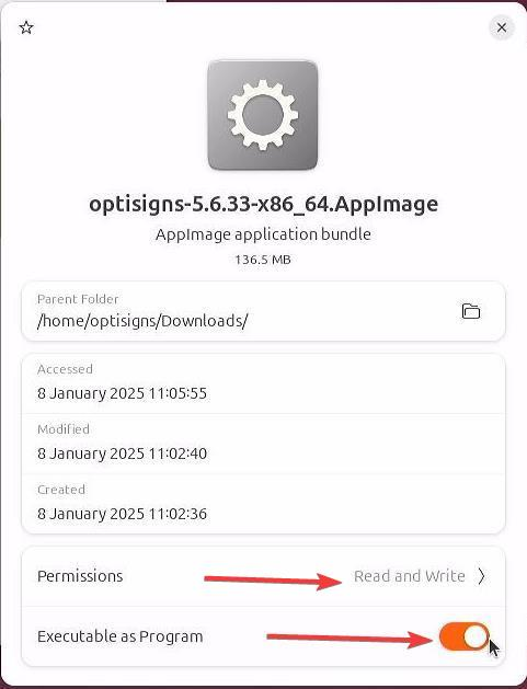 optisigns appimage properties menu