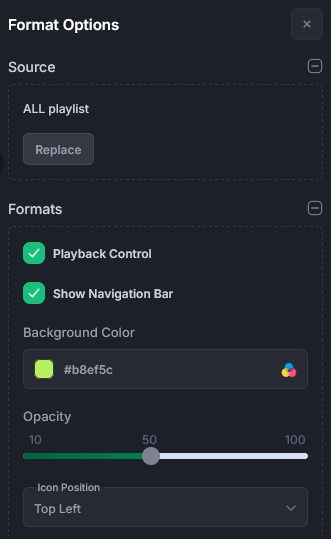 opzioni di formattazione widget playlist
