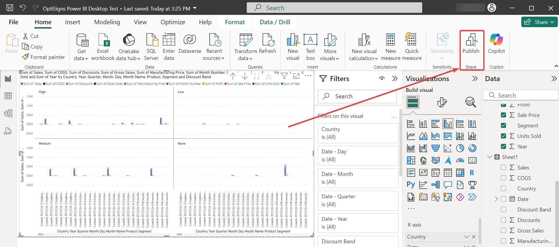 publish button from power bi desktop app