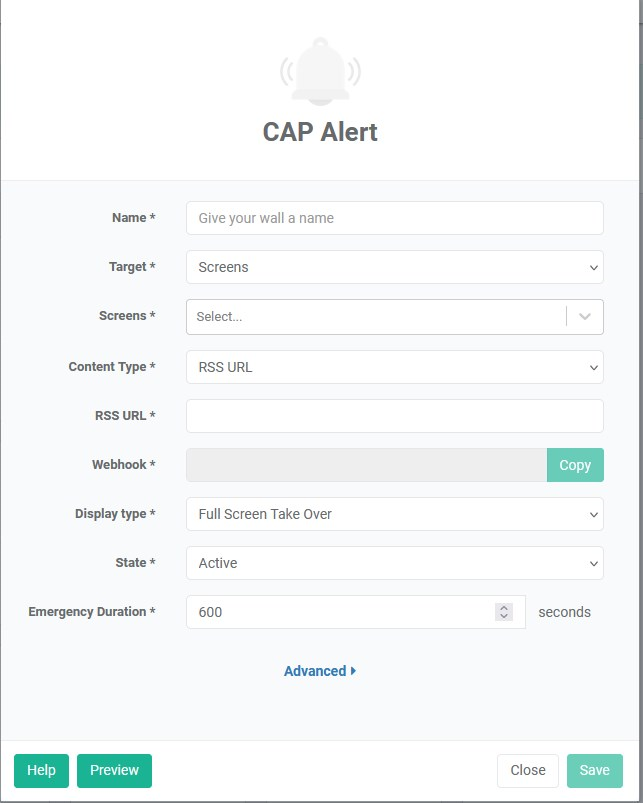 finestra di configurazione dell'app cap alert nel browser web optisigns