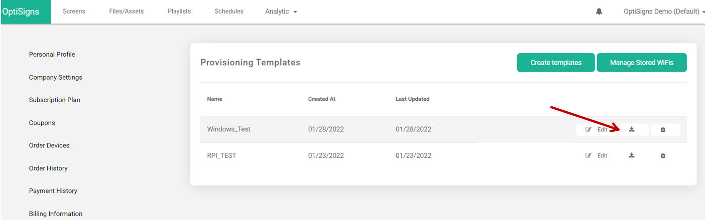 provisioning templates screen with arrow pointing at file name button