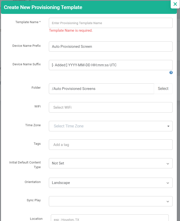 provisioning template options in optisigns