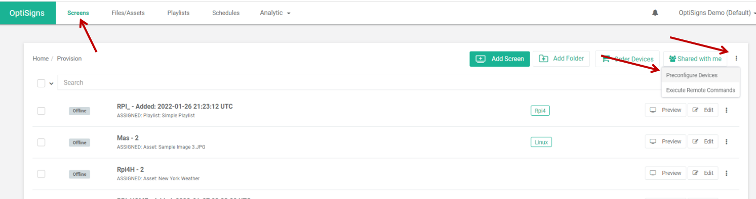 screens tab with arrows showing how to get to preconfigure devices option
