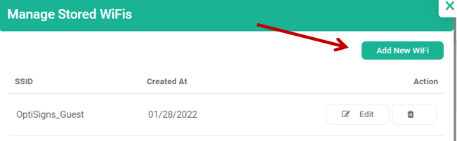 manage stored wifi screen with arrow pointing at add new wifi button