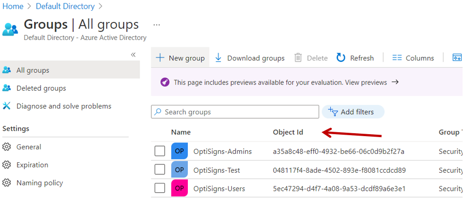 groups with object id noted