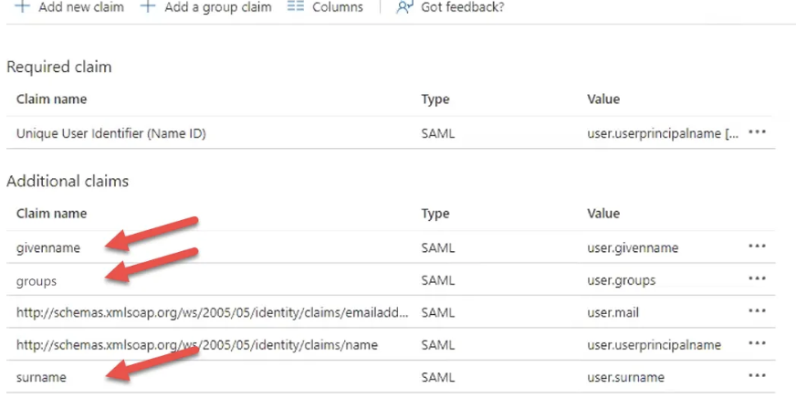 proper claims names ms azure
