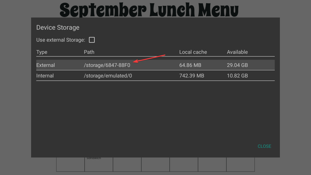 device storage menu optisigns stick arrow pointing toward external storage path