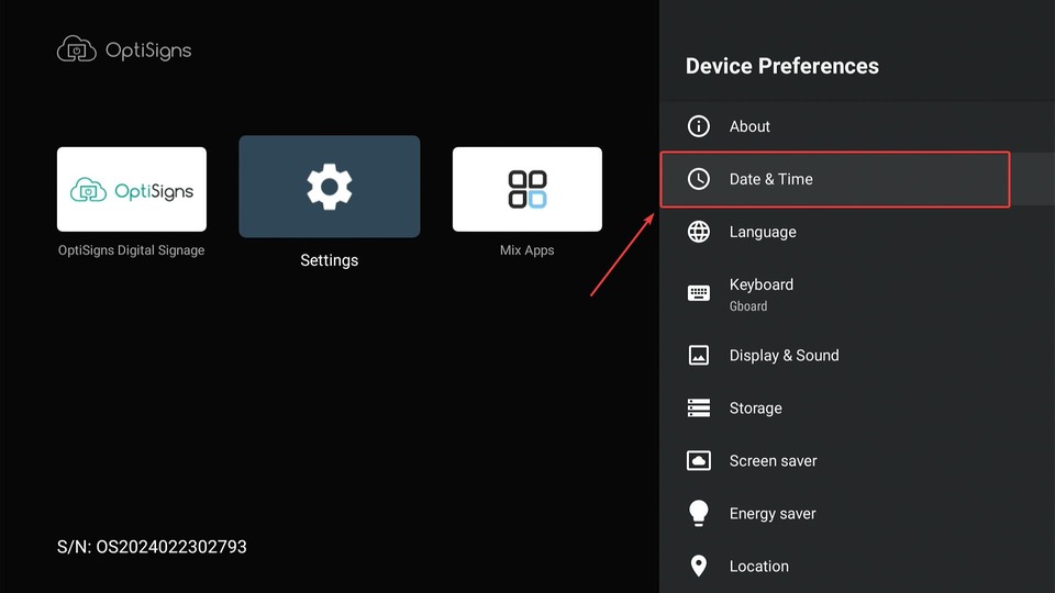 date & time option android side menu