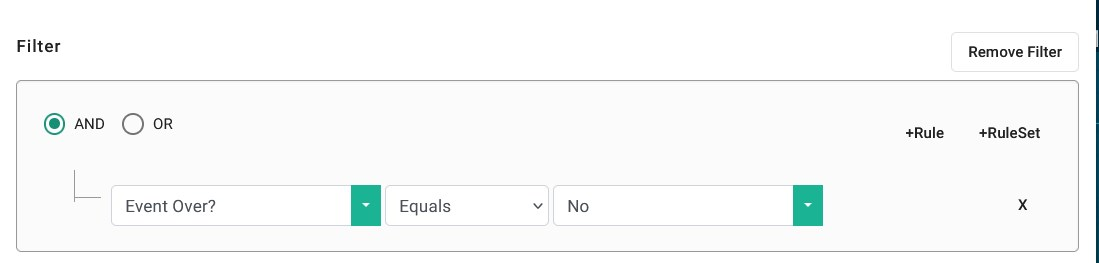 exempel på optisync datakällafilter med första värdet inställt på Evenemang över?, andra värdet inställt på Lika med, tredje värdet inställt på Nej