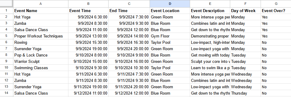 esempio di programma eventi mensile google sheets