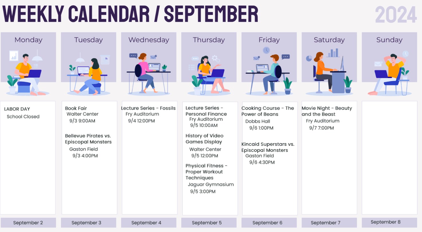 exemplo de uma agenda de eventos semanal criada usando optisync