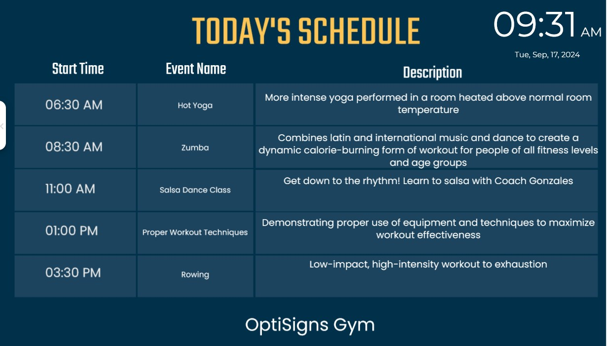 exemplo de uma agenda de eventos diária criada usando optisync