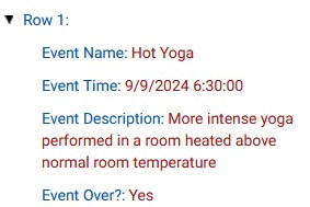 agrupamentos de dados no optisigns, incluindo Row 1, Event Name, Event Time, Event Description, e pontos de dados Event Over