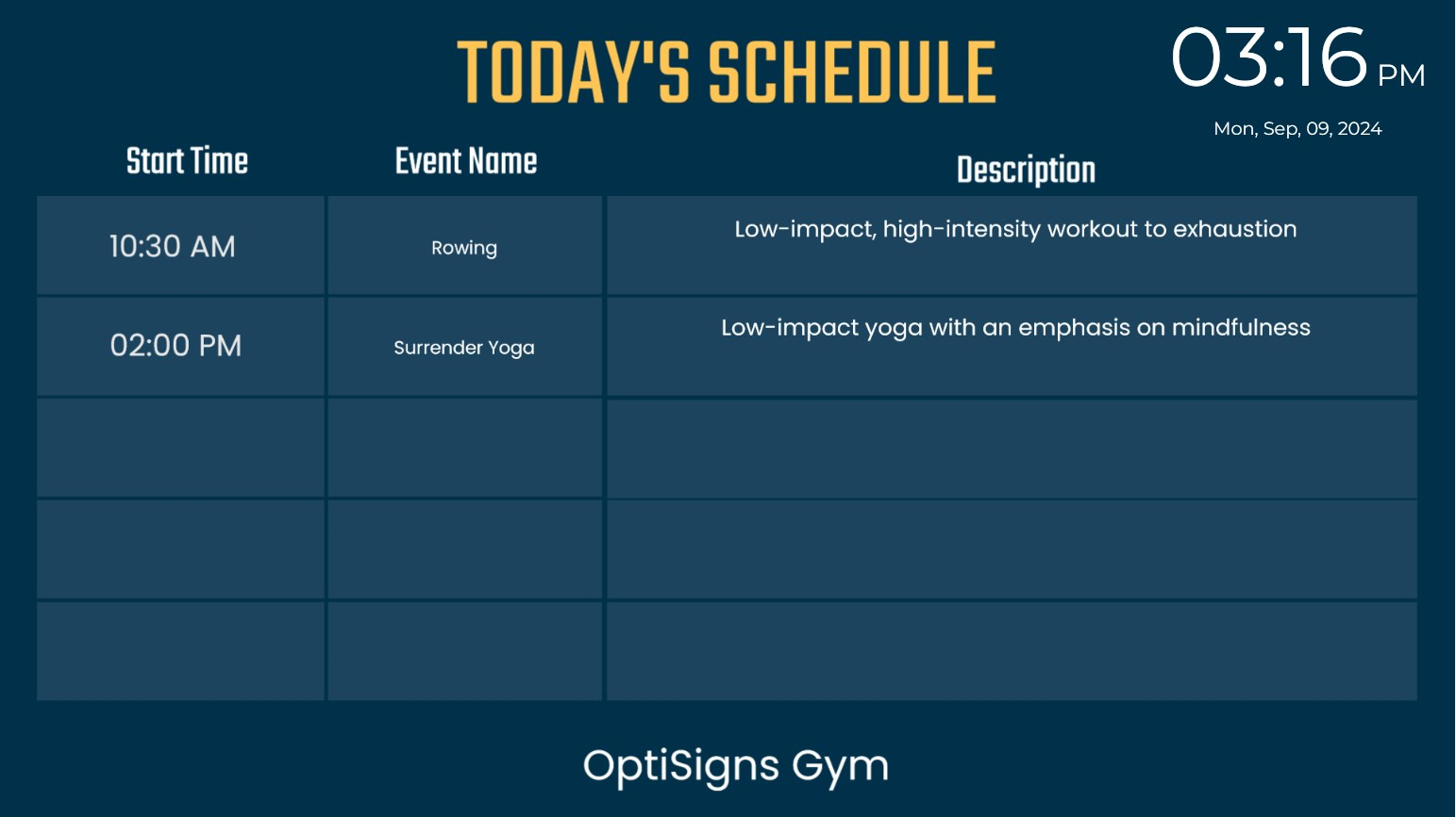 exemplo de agenda de eventos diária com filtros aplicados