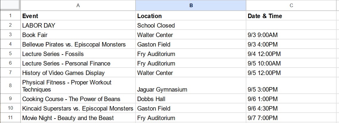 exemplo de agenda de eventos semanal do google sheet