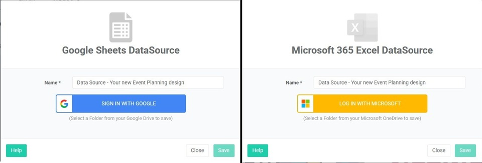 choose between google sheet or ms excel datasource
