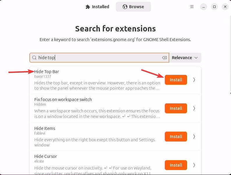 linux extension manager hide top bar