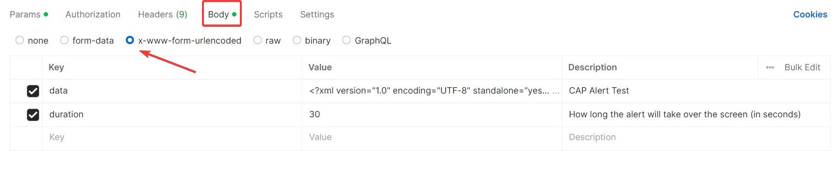 exemple dans postman du format urlencoded