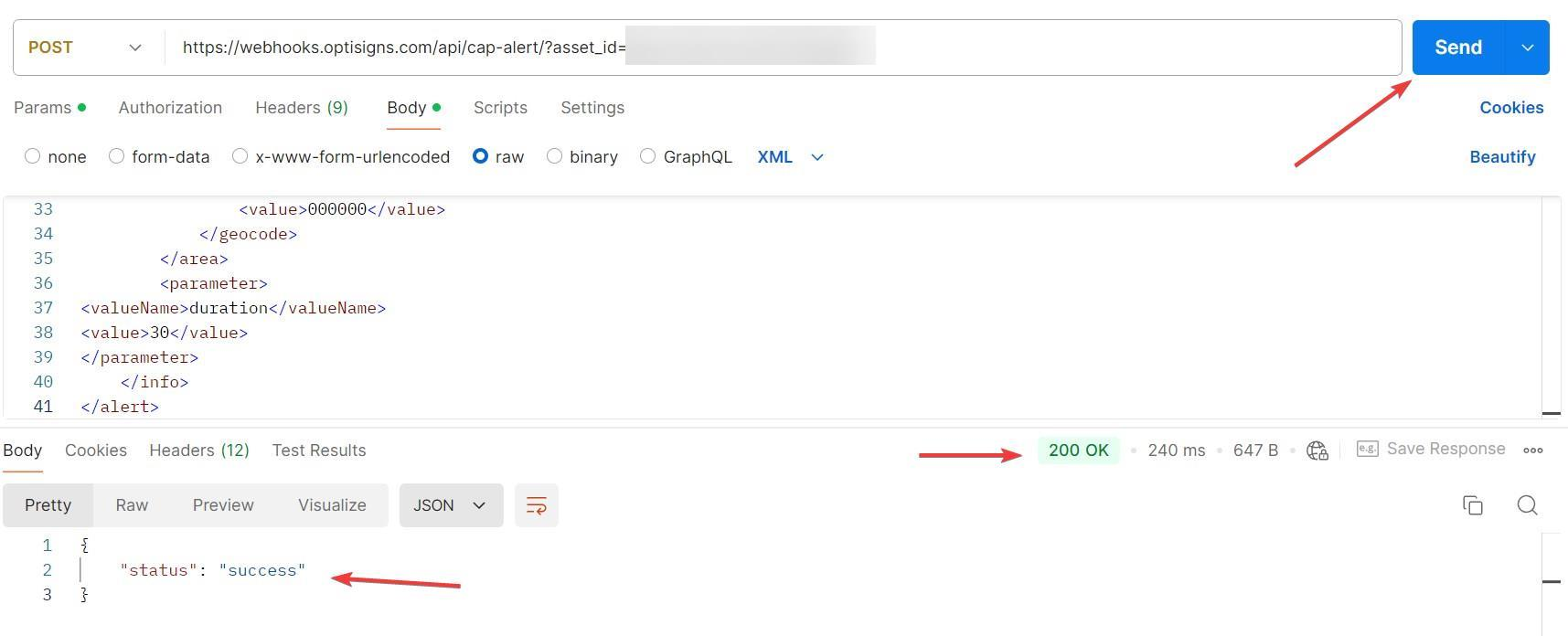 postman montrant la mise en page du code sous l'onglet raw data
