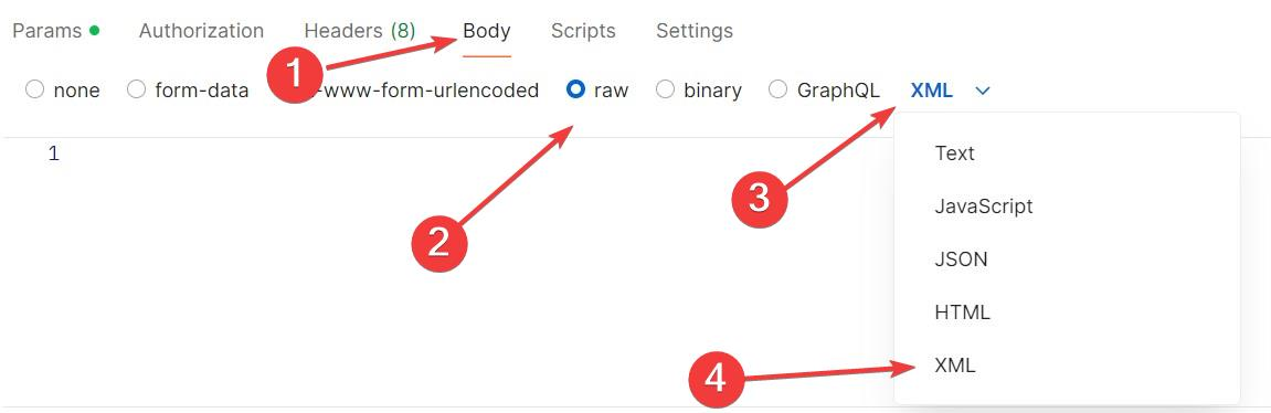 postman steg för steg om att välja XML-format