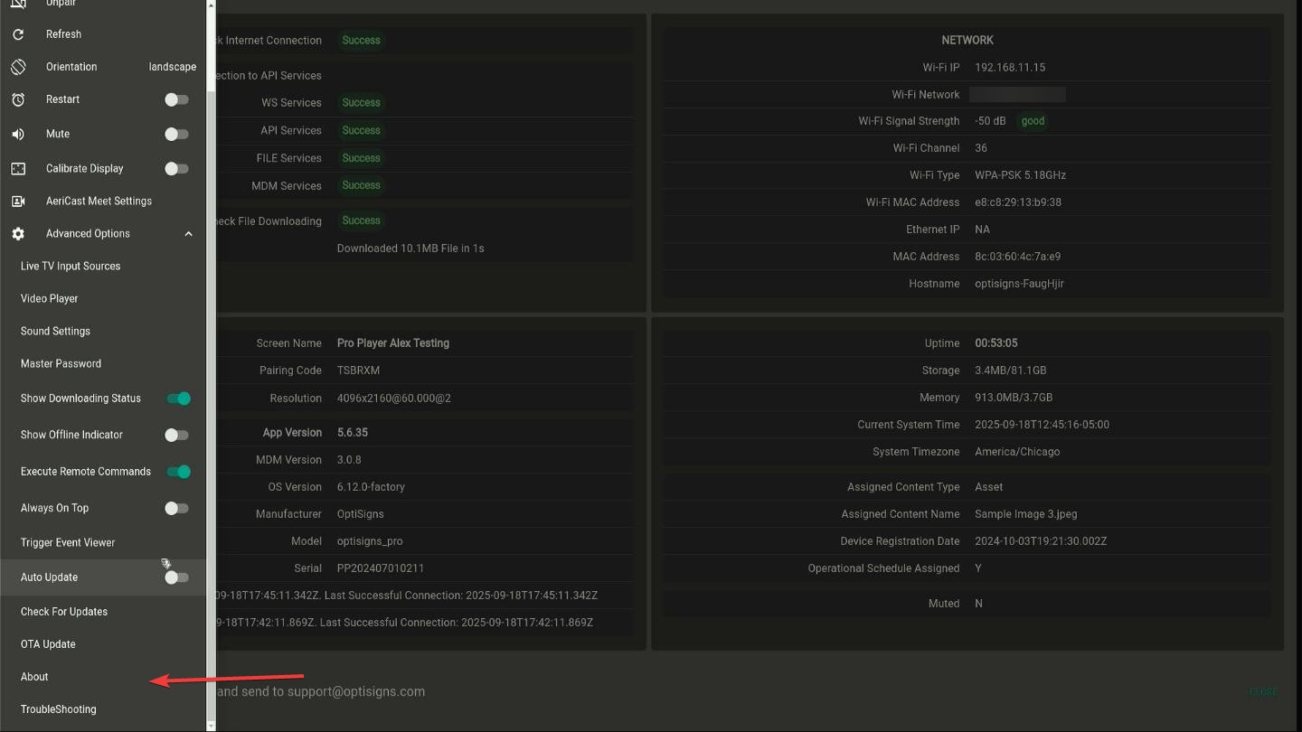 pro player side menu about option
