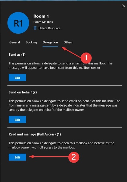 microsoft room permissions delegation
