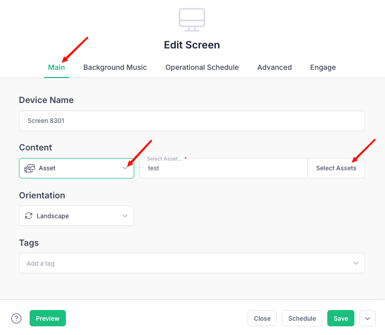 optisigns edit screen select asset