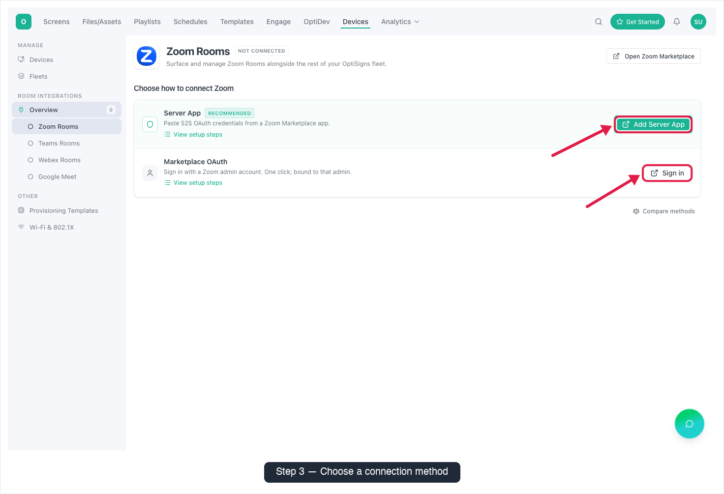 Empty Zoom Rooms page showing Server App and Marketplace App cards