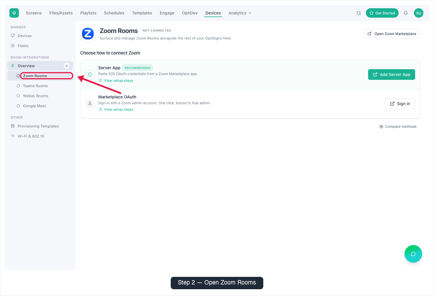 Connect Zoom Rooms in the left nav