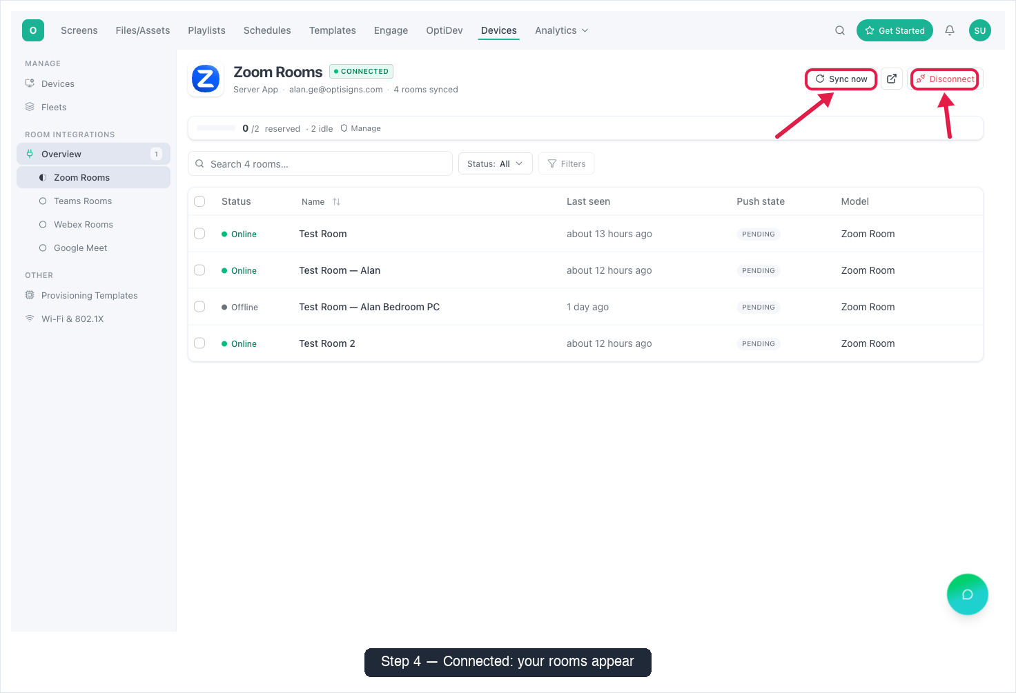 Connected status bar showing Sync now and Disconnect