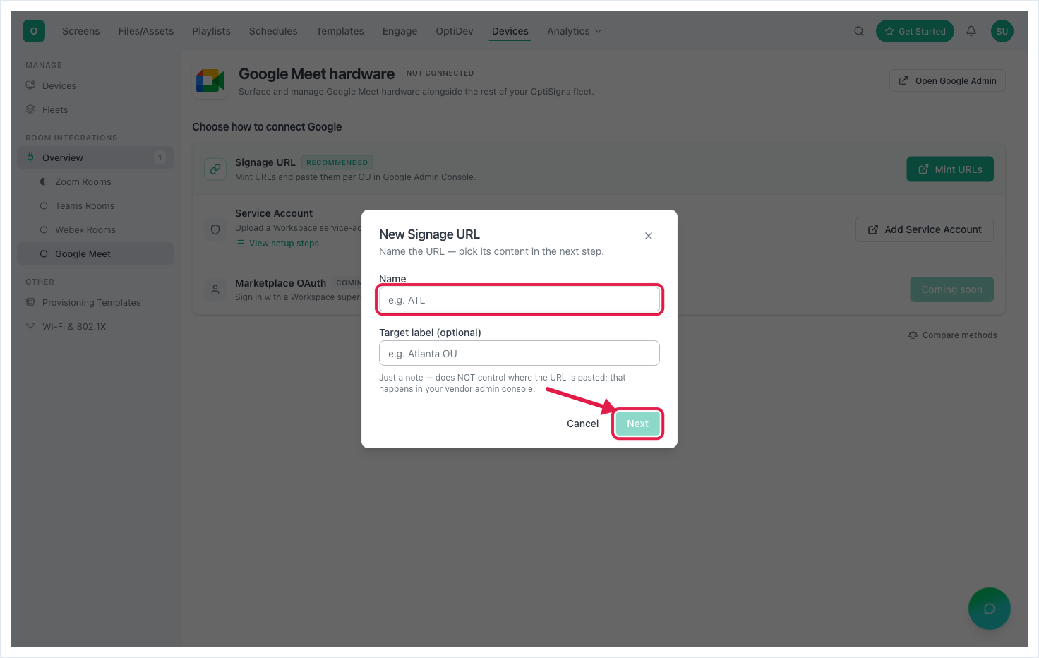 The New Signage URL dialog — name the URL, then click Next