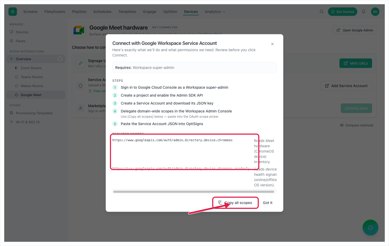 The setup-steps dialog — the five steps and the two read-only Admin SDK scopes; use Copy all scopes